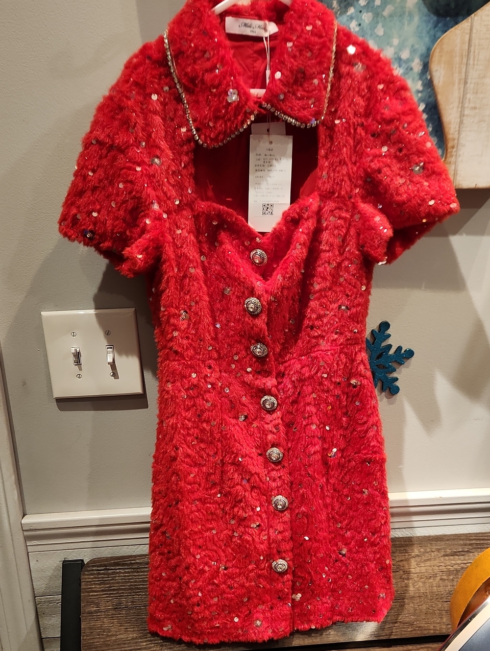 NWT Women's Sparkling Red Short-Sleeve Sequin Button Dress Sz S